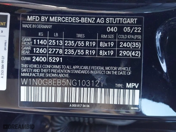 2022 Mercedes-Benz GLC with VIN W1N0G8EB5NG103121, listed as a IAAI auction lot 41888609 with 68,811 mi miles. Bid and sale history available at carsss.com. Image 9.