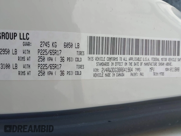 2011 Volkswagen Routan SE with VIN 2V4RW3DG3BR641964, listed as a IAAI auction lot 42758818 with 119,247 mi miles and . Bid and sale history available at DreamBid. Image 9.