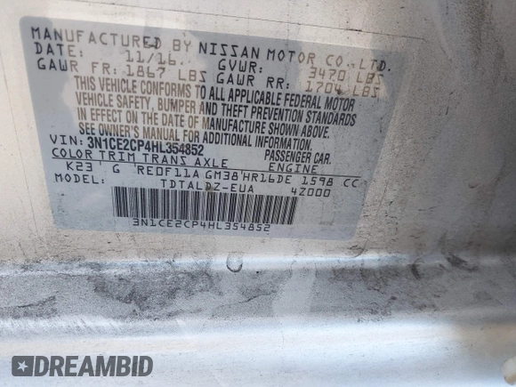 2017 Nissan Note SV с VIN 3N1CE2CP4HL354852, выставлен на аукционе IAAI как лот 42242888 с пробегом Не указан миль и . История ставок и продаж доступна на DreamBid. Изображение 9.