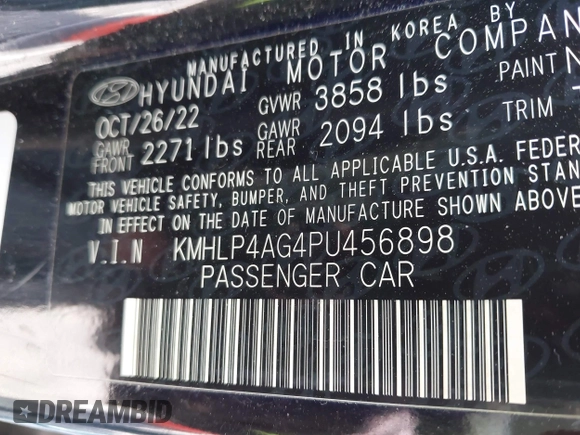 2023 Hyundai Elantra Limited with VIN KMHLP4AG4PU456898, listed as a IAAI auction lot 41899496 with 36,583 mi miles and . Bid and sale history available at DreamBid. Image 9.