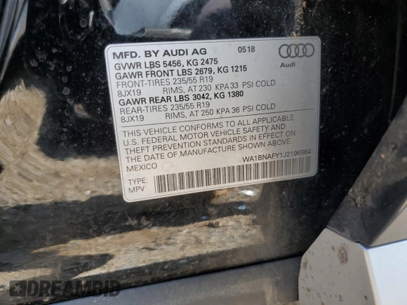 2018 Audi Q5 Premium Plus with VIN WA1BNAFY1J2196964, listed as a Copart auction lot 54155925 with 96,019 mi miles and Clean Title. Bid and sale history available at carsss.com. Image 13.