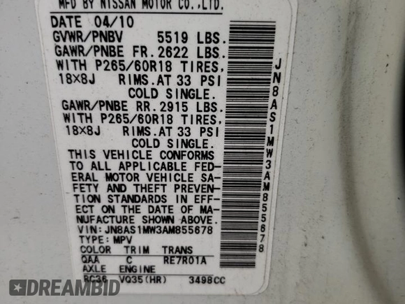 2010 Infiniti FX with VIN JN8AS1MW3AM855678, listed as a Copart auction lot 70420954 with 170,275 mi miles and Clean Title. Bid and sale history available at DreamBid. Image 13.