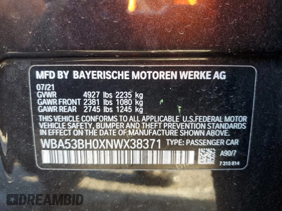 2022 BMW 5 Series 530i with VIN WBA53BH0XNWX38371, listed as a Copart auction lot 46654625 with 80,807 mi miles and Salvage title. Bid and sale history available at DreamBid. Image 14.