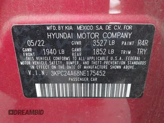 2022 Hyundai Accent SE with VIN 3KPC24A68NE175452, listed as a IAAI auction lot 42131182 with 44,541 mi miles and . Bid and sale history available at carsss.com. Image 9.
