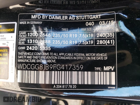 2015 Mercedes-Benz GLK 350 with VIN WDCGG8JB9FG417359, listed as a Copart auction lot 70762524 with 116,565 mi miles and Salvage Title. Bid and sale history available at DreamBid. Image 14.
