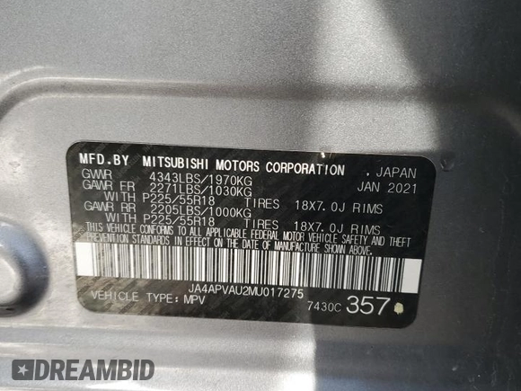 2021 Mitsubishi Outlander SE with VIN JA4APVAU2MU017275, listed as a Copart auction lot 87055624 with 74,837 mi miles and Salvage title. Bid and sale history available at DreamBid. Image 12.