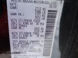 2020 Nissan Pathfinder SL z VIN 5N1DR2CM9LC637601, wystawiony jako Copart lot #44113465 z przebiegiem 24 167 mil mil oraz Szkoda całkowita • Salvage title. Historia ofert i sprzedaży dostępna na DreamBid. Obrazek 13.