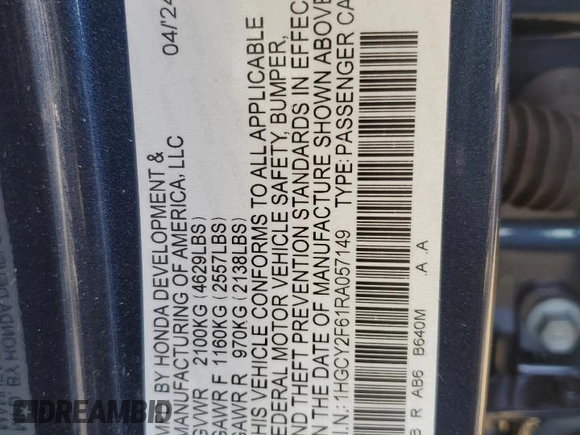 2024 Honda Accord EX-L with VIN 1HGCY2F61RA057149, listed as a Copart auction lot 54363045 with 2,959 mi miles and Salvage title. Bid and sale history available at DreamBid. Image 12.
