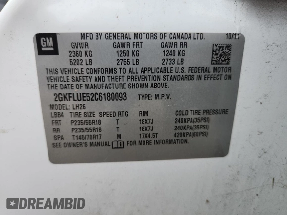 2012 GMC Terrain SLT-1 with VIN 2GKFLUE52C6180093, listed as a Copart auction lot 62328045 with 168,670 mi miles and Clean title. Bid and sale history available at DreamBid. Image 13.