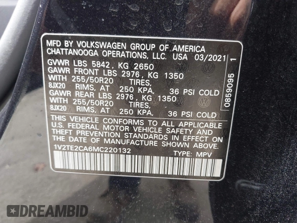2021 Volkswagen Atlas SEL Premium with VIN 1V2TE2CA6MC220132, listed as a IAAI auction lot 41688148 with 57,249 mi miles and . Bid and sale history available at DreamBid. Image 9.