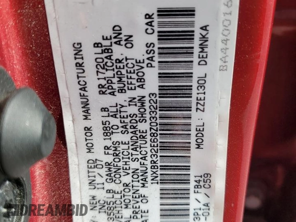 2008 Toyota Corolla CE with VIN 1NXBR32E68Z033223, listed as a Copart auction lot 55874055 with 156,500 mi miles and Clean Title. Bid and sale history available at DreamBid. Image 12.