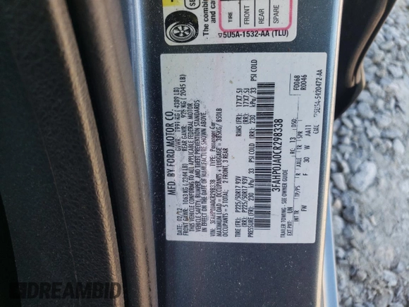 2012 Ford Fusion SEL with VIN 3FAHP0JA0CR298338, listed as a Copart auction lot 48381855 with 253,855 mi miles and Salvage Title. Bid and sale history available at carsss.com. Image 12.