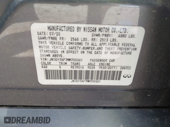 2021 Infiniti Q50 Pure with VIN JN1EV7AP7MM700241, listed as a IAAI auction lot 42586868 with 96,046 mi miles and . Bid and sale history available at DreamBid. Image 9.