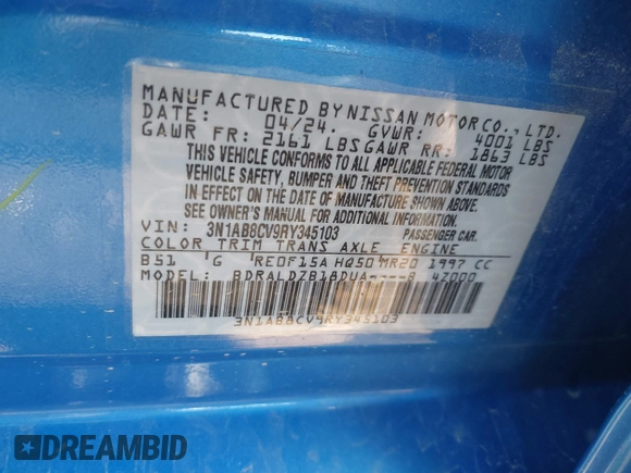 2024 Nissan Sentra SV with VIN 3N1AB8CV9RY345103, listed as a IAAI auction lot 42126051 with 15,702 mi miles and . Bid and sale history available at DreamBid. Image 9.