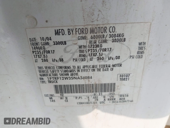 2005 Ford F-150 XL с VIN 1FTRF12W35NA34084, выставлен на аукционе IAAI как лот 42241776 с пробегом Не указан миль и . История ставок и продаж доступна на DreamBid. Изображение 9.