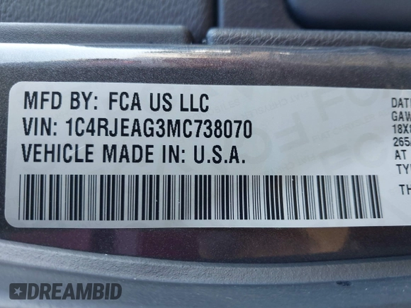 2021 Jeep Grand Cherokee Laredo X with VIN 1C4RJEAG3MC738070, listed as a IAAI auction lot 41308014 with 87,193 mi miles and . Bid and sale history available at DreamBid. Image 9.
