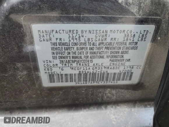 2014 Nissan Sentra SV with VIN 3N1AB7AP9EY337415, listed as a Copart auction lot 59579975 with 93,181 mi miles and Salvage title. Bid and sale history available at DreamBid. Image 13.