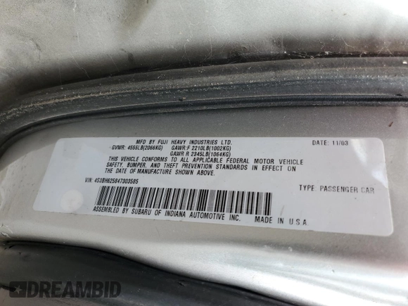 2004 Subaru Legacy L with VIN 4S3BH625847303585, listed as a Copart auction lot 72864494 with 143,853 mi miles and Clean title. Bid and sale history available at DreamBid. Image 13.