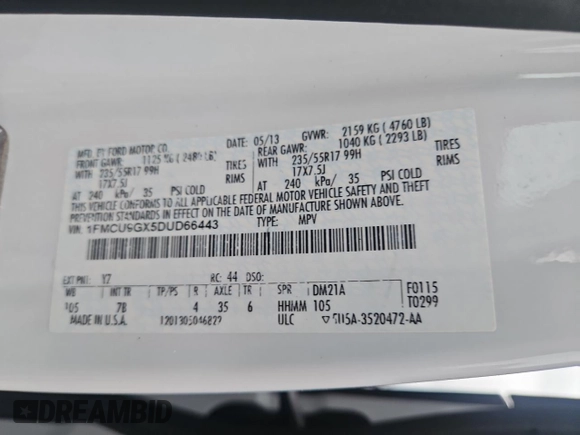 2013 Ford Escape SE with VIN 1FMCU9GX5DUD66443, listed as a Copart auction lot 58866685 with 98,082 mi miles and Clean title. Bid and sale history available at DreamBid. Image 10.