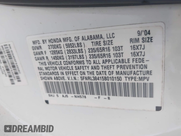2005 Honda Odyssey EX with VIN 5FNRL38415B010150, listed as a IAAI auction lot 42844859 with 174,421 mi miles and . Bid and sale history available at DreamBid. Image 9.