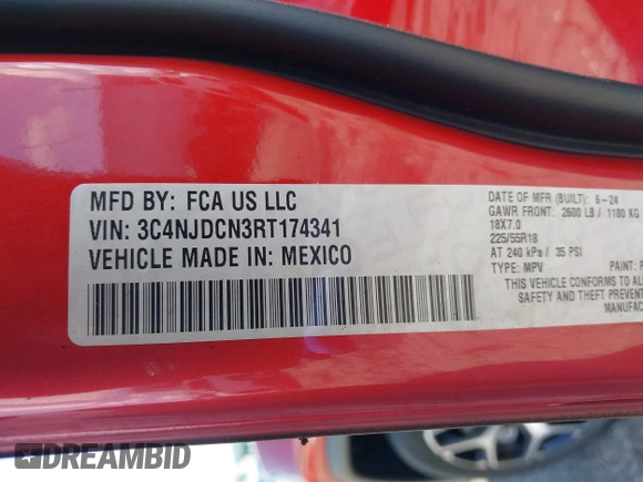 2024 Jeep Compass Limited z VIN 3C4NJDCN3RT174341, wystawiony jako IAAI lot #41931933 z przebiegiem Nie podano mil oraz . Historia ofert i sprzedaży dostępna na DreamBid. Obrazek 9.