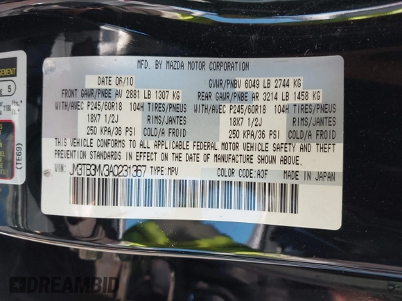 2010 Mazda CX-9 Sport with VIN JM3TB3MV3A0231367, listed as a IAAI auction lot 41628283 with 209,168 mi miles and . Bid and sale history available at carsss.com. Image 9.