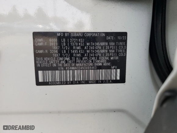 2022 Subaru Ascent Premium with VIN 4S4WMACD4N3468463, listed as a Copart auction lot 84676884 with NaN miles and Salvage Title. Bid and sale history available at carsss.com. Image 16.