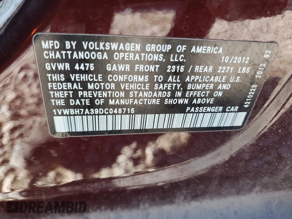 2013 Volkswagen Passat SE z VIN 1VWBH7A39DC048715, wystawiony jako Copart lot #58074325 z przebiegiem 199 807 mil mil oraz Czysty tytuł • Clean title. Historia ofert i sprzedaży dostępna na DreamBid. Obrazek 12.