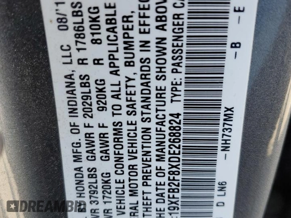 2013 Honda Civic EX with VIN 19XFB2F8XDE268824, listed as a Copart auction lot 52260635 with 141,214 mi miles and Salvage Title. Bid and sale history available at DreamBid. Image 12.