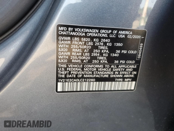 2020 Volkswagen Atlas SE with VIN 1V21E2CA0LC212260, listed as a Copart auction lot 63767415 with 139,042 mi miles and Salvage title. Bid and sale history available at DreamBid. Image 13.