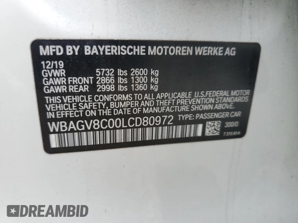 2020 BMW 8 Series M850i with VIN WBAGV8C00LCD80972, listed as a Copart auction lot 46907745 with Not provided miles and Salvage title. Bid and sale history available at DreamBid. Image 12.