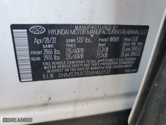2022 Hyundai Santa Fe SEL with VIN 5NMS34AJ3NH460517, listed as a Copart auction lot 43155225 with 29,940 mi miles and Salvage Title. Bid and sale history available at carsss.com. Image 15.