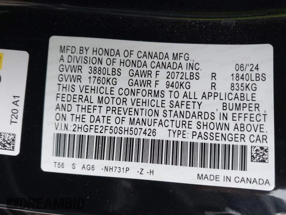 2025 Honda Civic Sport with VIN 2HGFE2F50SH507426, listed as a IAAI auction lot 42087091 with 9,660 mi miles and . Bid and sale history available at DreamBid. Image 9.
