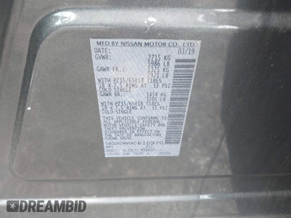 2019 Nissan Pathfinder SV with VIN 5N1DR2MN0KC616920, listed as a IAAI auction lot 42254795 with 8,897 mi miles and . Bid and sale history available at DreamBid. Image 9.