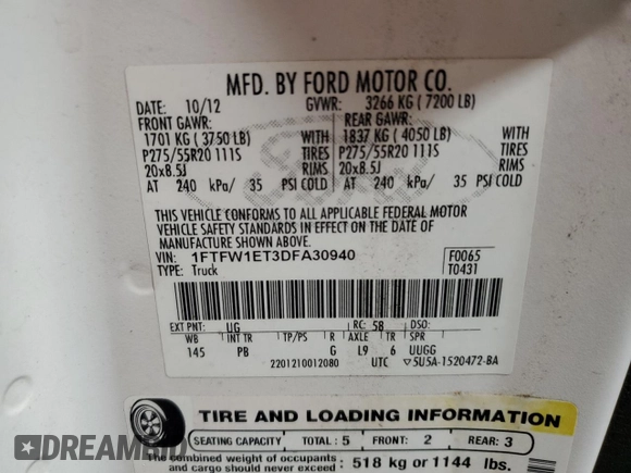 2013 Ford F-150 XL with VIN 1FTFW1ET3DFA30940, listed as a Copart auction lot 65817005 with 272,983 mi miles and Clean title. Bid and sale history available at DreamBid. Image 12.