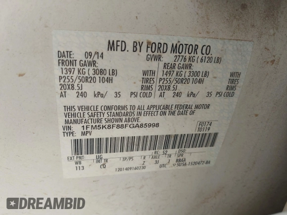 2015 Ford Explorer Limited with VIN 1FM5K8F88FGA85998, listed as a IAAI auction lot 41796745 with 206,176 mi miles and . Bid and sale history available at DreamBid. Image 9.