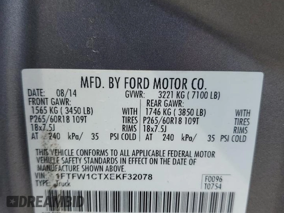 2014 Ford F-150 XL with VIN 1FTFW1CTXEKF32078, listed as a Copart auction lot 55669135 with 144,521 mi miles and Salvage title. Bid and sale history available at DreamBid. Image 13.