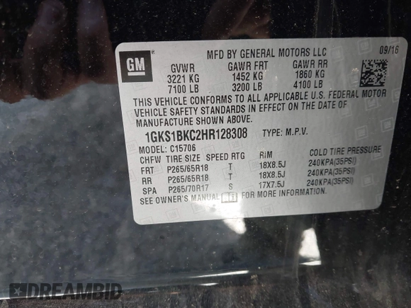 2017 GMC Yukon SLT with VIN 1GKS1BKC2HR128308, listed as a IAAI auction lot 41945770 with 158,905 mi miles. Bid and sale history available at carsss.com. Image 9.