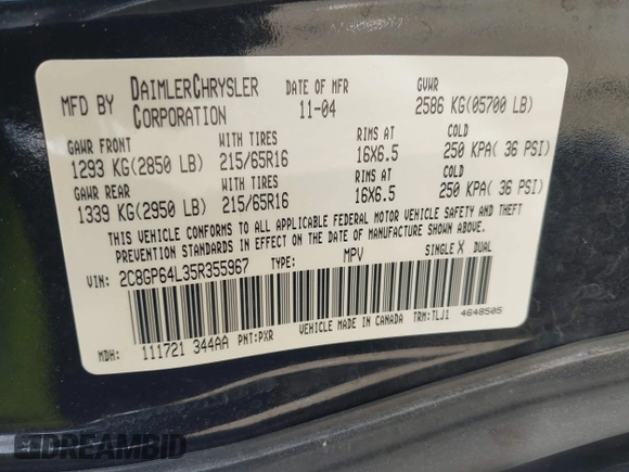 2005 Chrysler Town & Country Limited with VIN 2C8GP64L35R355967, listed as a IAAI auction lot 42106189 with 287,568 mi miles. Bid and sale history available at carsss.com. Image 9.