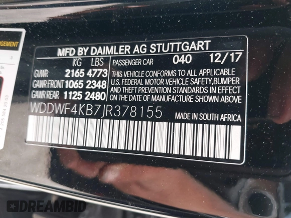 2018 Mercedes-Benz C 300 with VIN WDDWF4KB7JR378155, listed as a IAAI auction lot 42260842 with 83,686 mi miles and . Bid and sale history available at DreamBid. Image 9.