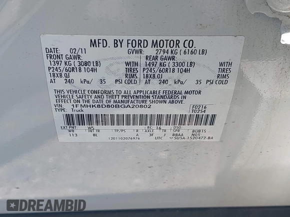 2011 Ford Explorer XLT with VIN 1FMHK8D80BGA20802, listed as a IAAI auction lot 42148520 with 91,509 mi miles and . Bid and sale history available at DreamBid. Image 9.