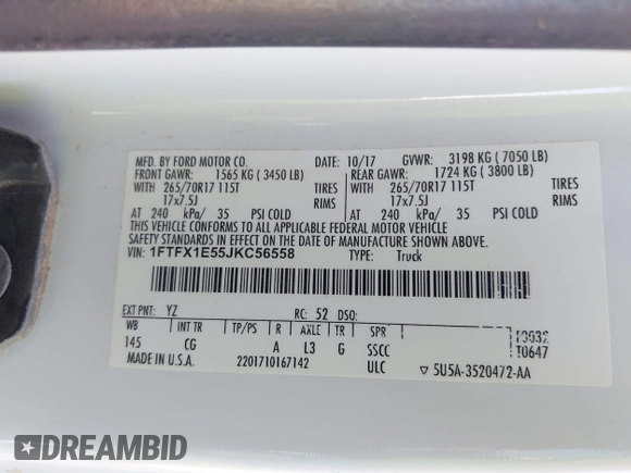 2018 Ford F-150 XL with VIN 1FTFX1E55JKC56558, listed as a IAAI auction lot 42256824 with 98,484 mi miles and . Bid and sale history available at DreamBid. Image 9.