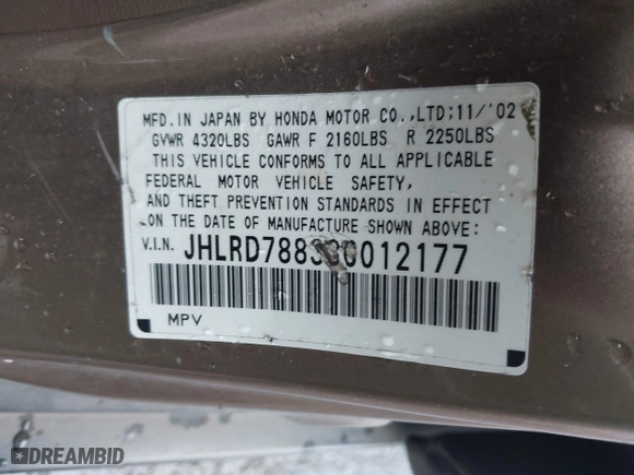 2003 Honda CR-V EX with VIN JHLRD78833C012177, listed as a IAAI auction lot 41994030 with 236,604 mi miles. Bid and sale history available at carsss.com. Image 9.