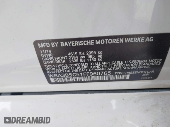 2015 BMW 3 Series 328i xDrive with VIN WBA3B5C51FF960765, listed as a IAAI auction lot 42074658 with 106,598 mi miles and . Bid and sale history available at DreamBid. Image 9.