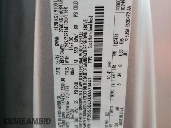 2013 Ford Econoline Passenger XL с VIN 1FBSS3BLXDDA73441, выставлен на аукционе Copart как лот 41402315 с пробегом 116 086 миль миль и Списание • Salvage title. История ставок и продаж доступна на DreamBid. Изображение 14.