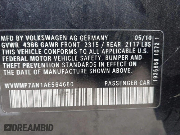 2010 Volkswagen CC Sport with VIN WVWMP7AN1AE564650, listed as a IAAI auction lot 42215762 with 117,258 mi miles and . Bid and sale history available at DreamBid. Image 9.