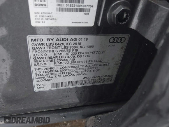 2019 Audi Q7 Premium with VIN WA1AHAF75KD030236, listed as a IAAI auction lot 42258016 with 36,935 mi miles and . Bid and sale history available at DreamBid. Image 9.