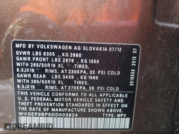 2013 Volkswagen Touareg Sport с VIN WVGEP9BP5DD003924, выставлен на аукционе Copart как лот 83310484 с пробегом Не указан миль и Списание • Salvage title. История ставок и продаж доступна на DreamBid. Изображение 13.