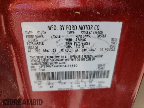 2006 Ford F-150 XLT with VIN 1FTPW14V56KC31580, listed as a Copart auction lot 53681305 with 136,103 mi miles and Clean Title. Bid and sale history available at carsss.com. Image 12.