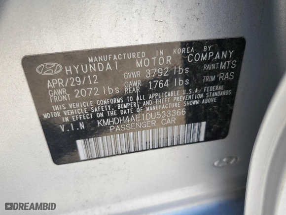 2013 Hyundai Elantra GLS PZEV with VIN KMHDH4AE1DU533366, listed as a Copart auction lot 51952775 with 86,674 mi miles and Salvage Title. Bid and sale history available at carsss.com. Image 12.